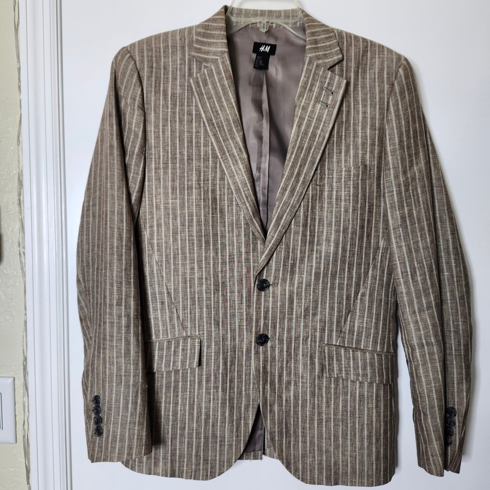 HM Man Brown White Striped 100% Linen Blazer Sport Coat Size 38R Breathable